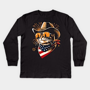 USA Flag Cat 4th of July Funny Patriotic Kids Long Sleeve T-Shirt